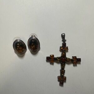 Amber and Sterling Silver Cross Pendant and Earrings Set